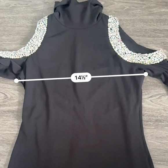 ALICE + OLIVIA Delora Embellished Shoulder cutout turtle neck mini Black Dress 2 - Picture 8 of 16